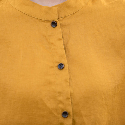 Yellow Linen Cotton Shirt Blouse - High Low Hem, Button-Up 2813