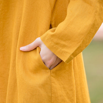 Yellow Linen Cotton Shirt Blouse - High Low Hem, Button-Up 2813