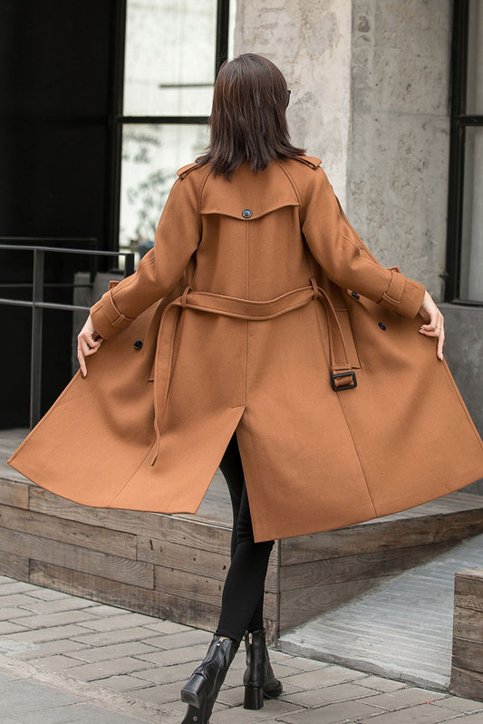Camel Wool Coat - Double Breasted Belted Straight Silhouette 2840