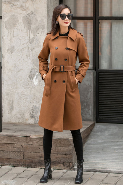 Camel Wool Coat - Double Breasted Belted Straight Silhouette 2840