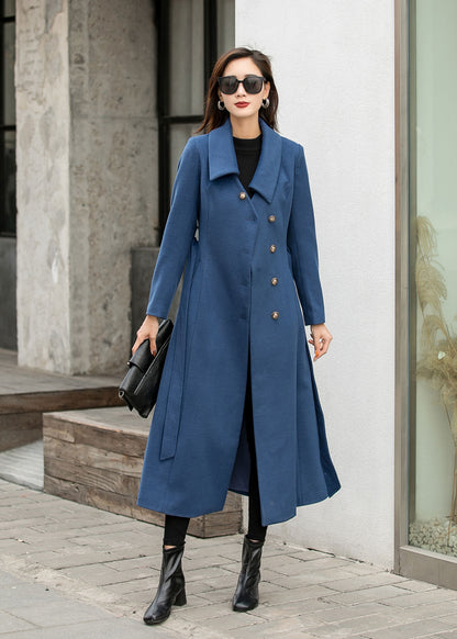 Blue Wool Maxi Coat - Single-Breasted Fit and Flare 2841