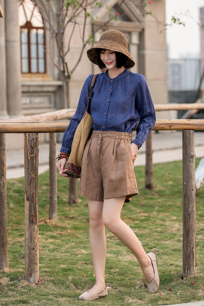 Linen Cotton Women Shorts - Wide Leg Elastic Waist | Xiaolizi 2814
