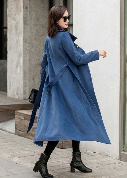 Blue Wool Maxi Coat - Single-Breasted Fit and Flare 2841