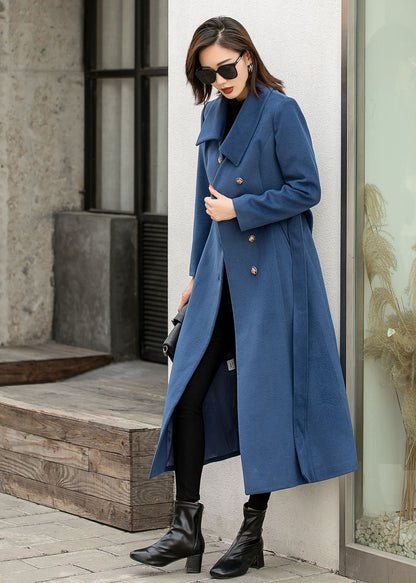 Blue Wool Maxi Coat - Single-Breasted Fit and Flare 2841