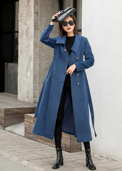 Blue Wool Maxi Coat - Single-Breasted Fit and Flare 2841