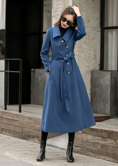 Blue Wool Maxi Coat - Single-Breasted Fit and Flare 2841