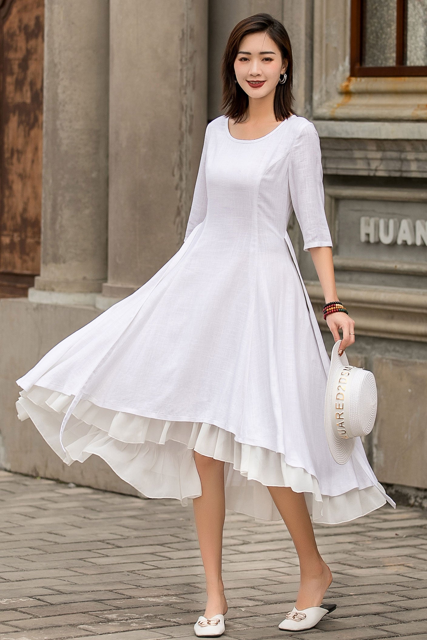 White Linen High-Low Dress – Elegant Midi with Chiffon Hem White / XL