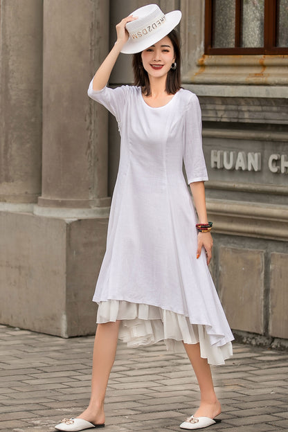 White Linen High-Low Midi Dress with Chiffon Hem 2850