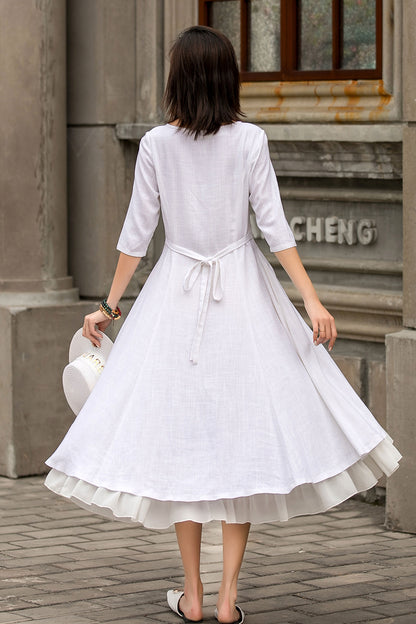 White Linen High-Low Midi Dress with Chiffon Hem 2850
