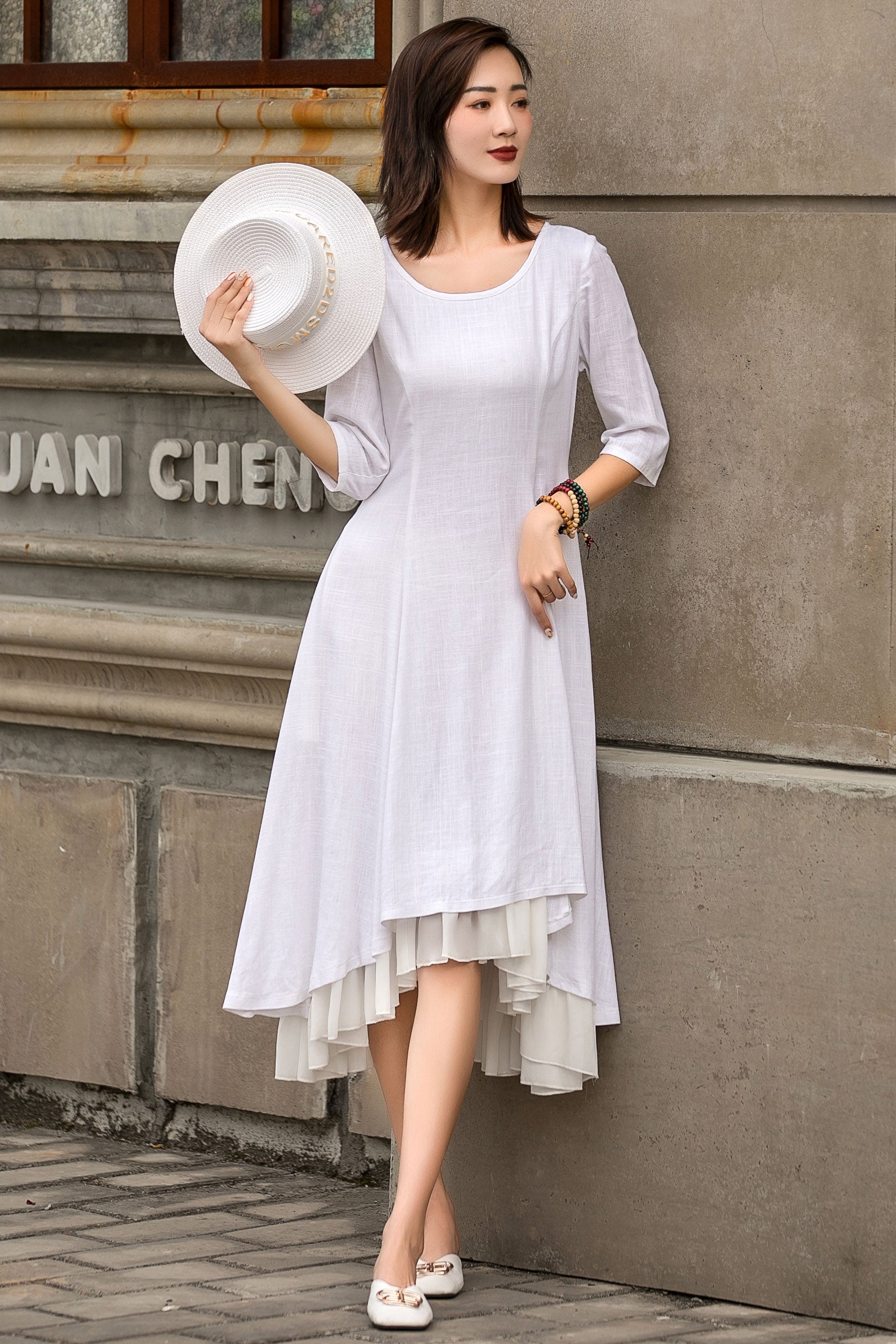 White Linen High-Low Dress – Elegant Midi with Chiffon Hem White / XL White Linen High-Low Dress – Elegant Midi with Chiffon Hem White / XL