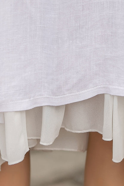 White Linen High-Low Midi Dress with Chiffon Hem 2850