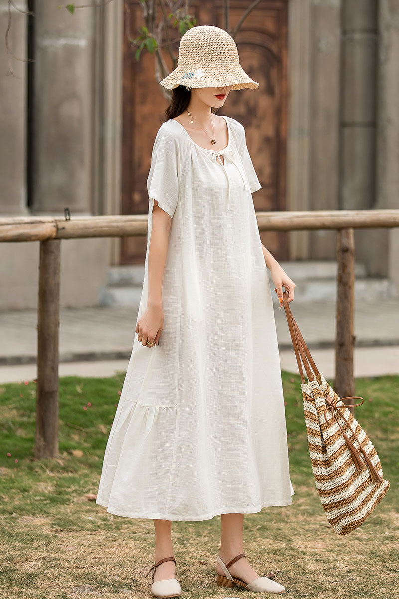 White Maxi Linen Dress 285801#