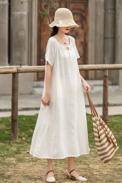 White Linen Maxi Dress - Pleated, Loose Waist, Crew Neck 2858