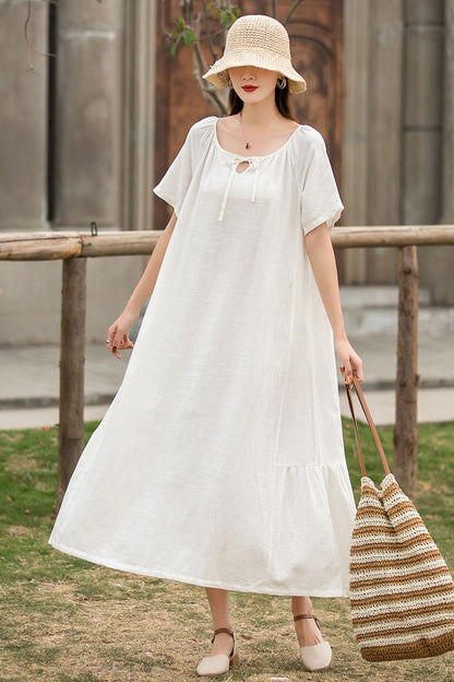 White Linen Maxi Dress - Pleated, Loose Waist, Crew Neck 2858