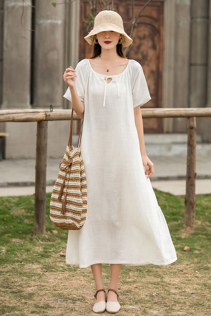 White Linen Maxi Dress - Pleated, Loose Waist, Crew Neck 2858
