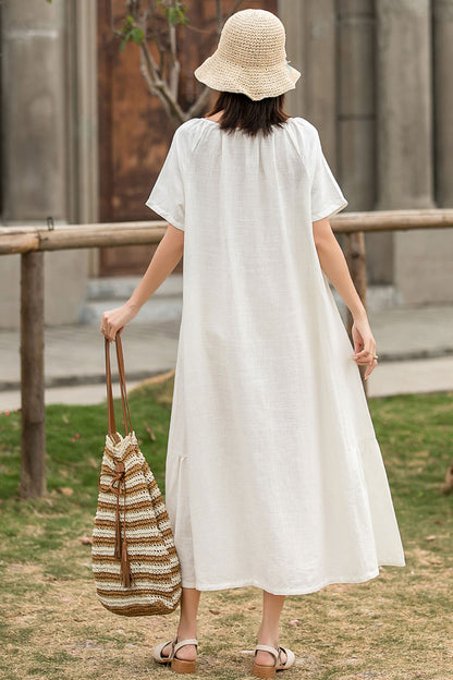 White Linen Maxi Dress - Pleated, Loose Waist, Crew Neck 2858