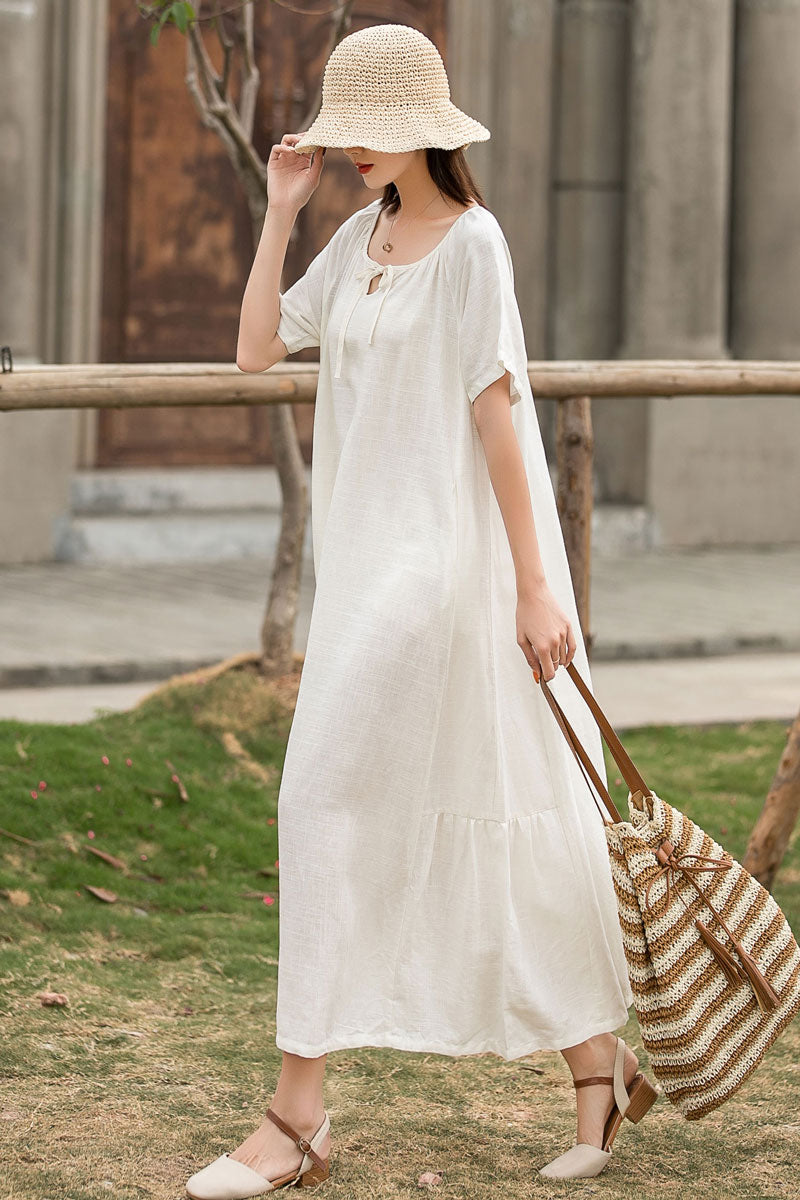 White Linen Maxi Dress with Pleated Silhouette and Loose Waist – Xiaolizi