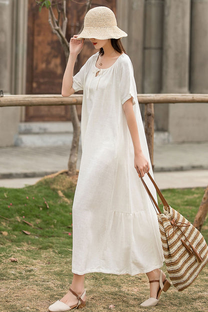 White Linen Maxi Dress - Pleated, Loose Waist, Crew Neck 2858