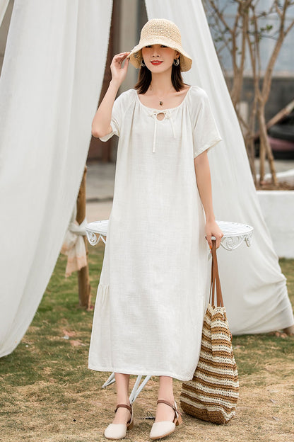 White Linen Maxi Dress - Pleated, Loose Waist, Crew Neck 2858
