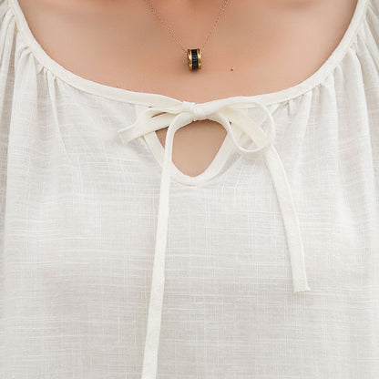 White Linen Maxi Dress - Pleated, Loose Waist, Crew Neck 2858