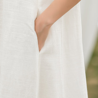 White Linen Maxi Dress - Pleated, Loose Waist, Crew Neck 2858