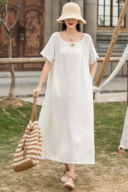 White Linen Maxi Dress - Pleated, Loose Waist, Crew Neck 2858