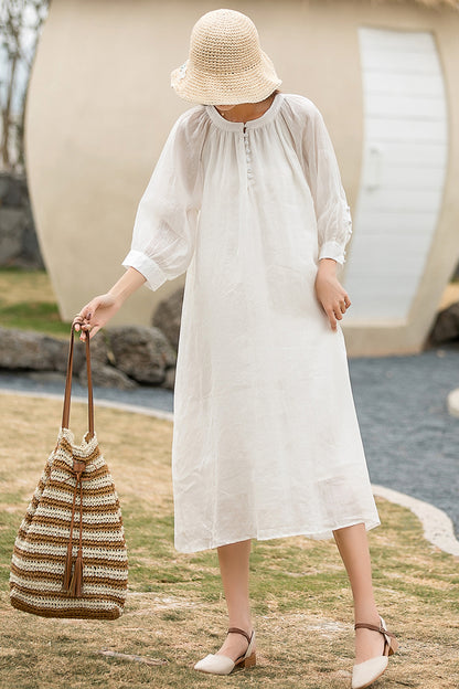 White Linen Maxi Dress - Loose Waist, Front Button Detail 2864