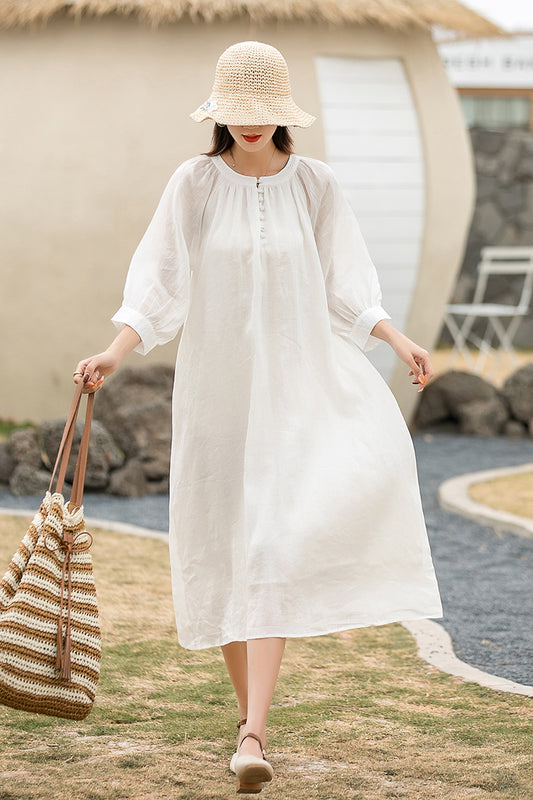 White Cotton Linen Women Retro Maxi Dress 2864