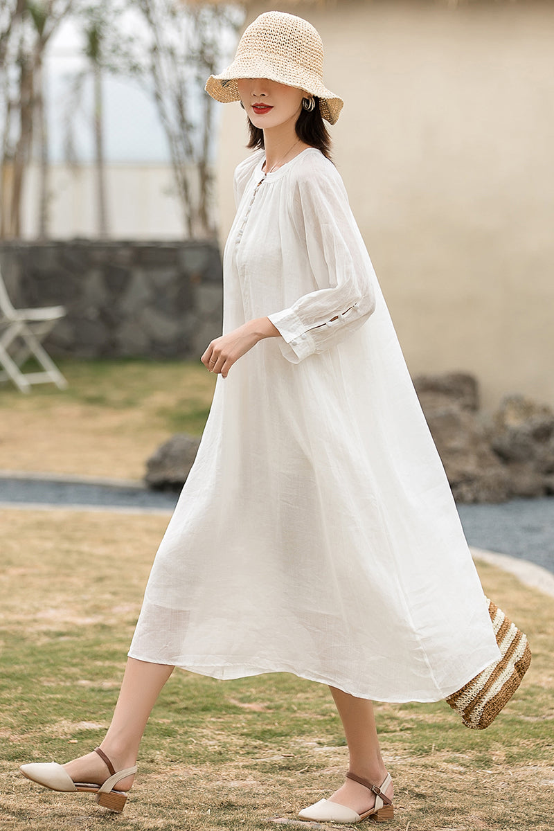 White Cotton Linen Women Retro Maxi Dress 2864 - White / XS White Cotton Linen Women Retro Maxi Dress 2864 - White / XS