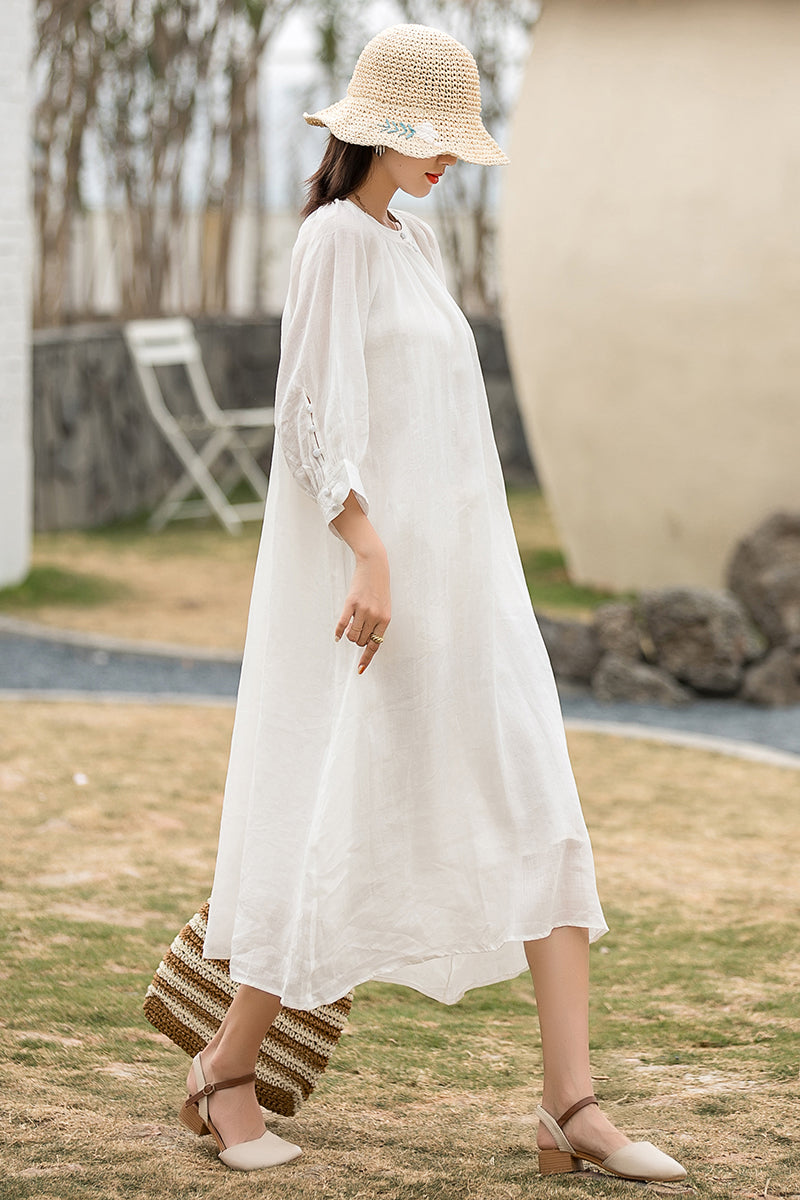 White Linen Maxi Dress - Loose Waist, Front Button Detail 2864