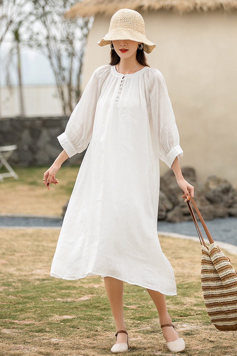 White Linen Maxi Dress - Loose Waist, Front Button Detail 2864 White Linen Maxi Dress - Loose Waist, Front Button Detail 2864
