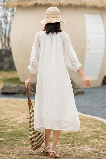 White Linen Maxi Dress - Loose Waist, Front Button Detail 2864