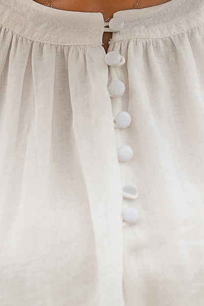 White Linen Maxi Dress - Loose Waist, Front Button Detail 2864