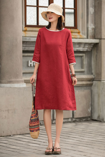 Red Linen A-Line Dress - Loose Waistband, Crew Neck Detail 2859