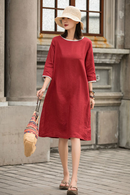 Red Linen A-Line Dress - Loose Waistband, Crew Neck Detail 2859