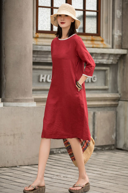 Red Linen A-Line Dress - Loose Waistband, Crew Neck Detail 2859