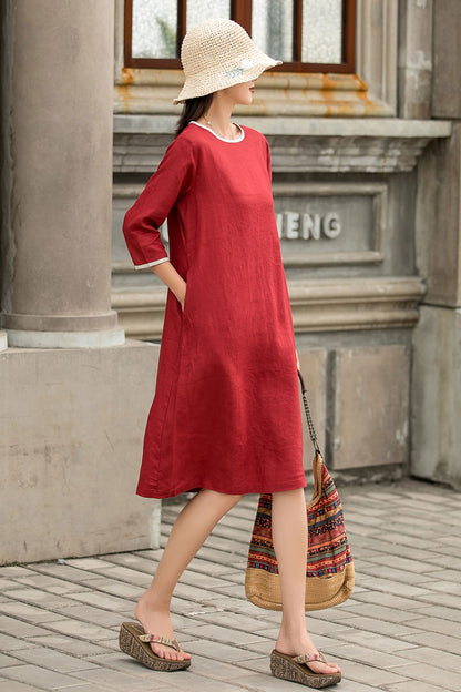 Red Linen A-Line Dress - Loose Waistband, Crew Neck Detail 2859