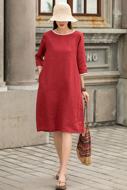 Red Linen A-Line Dress - Loose Waistband, Crew Neck Detail 2859
