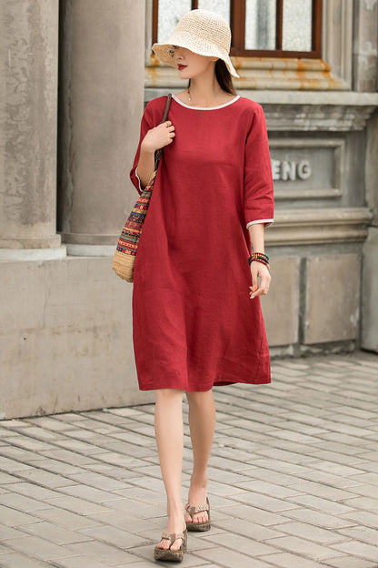 Red Linen A-Line Dress - Loose Waistband, Crew Neck Detail 2859