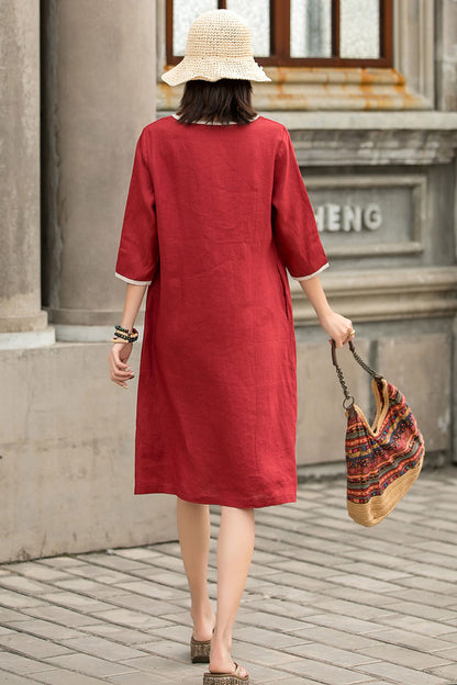 Red Linen A-Line Dress - Loose Waistband, Crew Neck Detail 2859