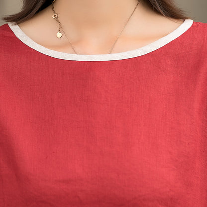 Red Linen A-Line Dress - Loose Waistband, Crew Neck Detail 2859