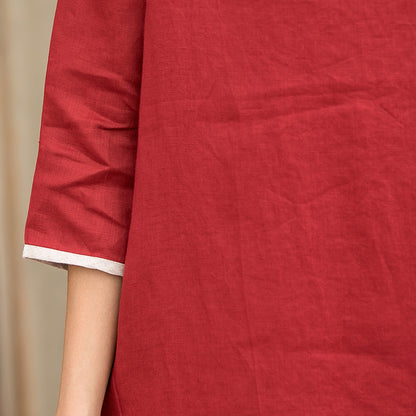 Red Linen A-Line Dress - Loose Waistband, Crew Neck Detail 2859