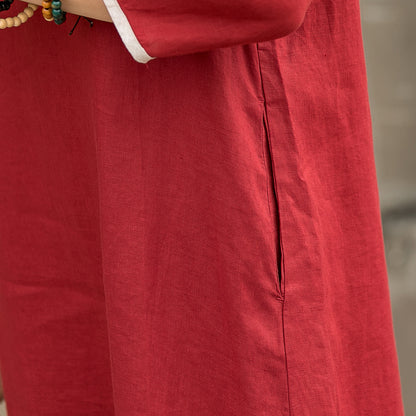 Red Linen A-Line Dress - Loose Waistband, Crew Neck Detail 2859