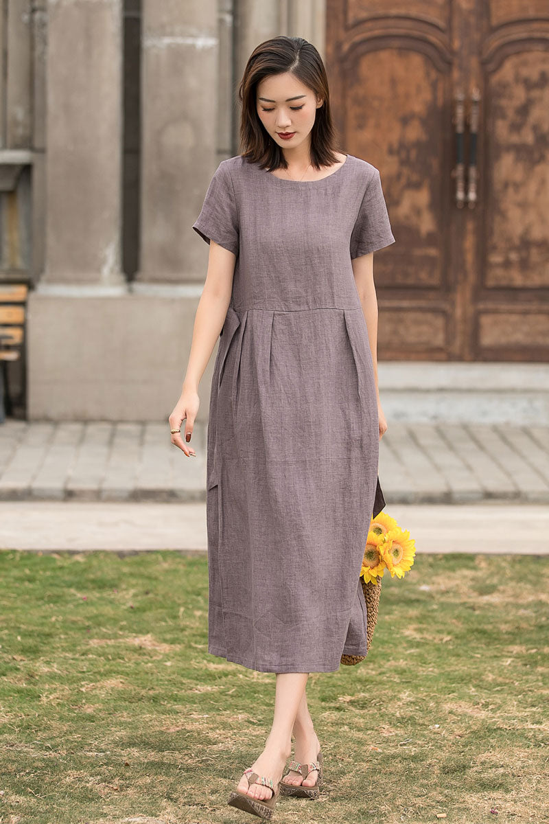 Women Short Sleeve Linen Dress 286101# - Purple / XS-S Women Short Sleeve Linen Dress 286101# - Purple / XS-S