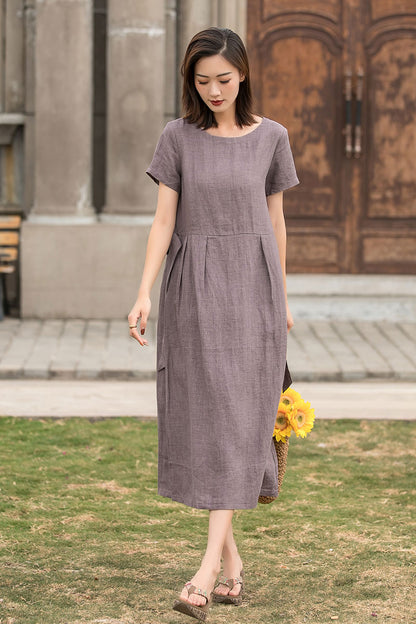 Women Short Sleeve Linen Dress 286101#