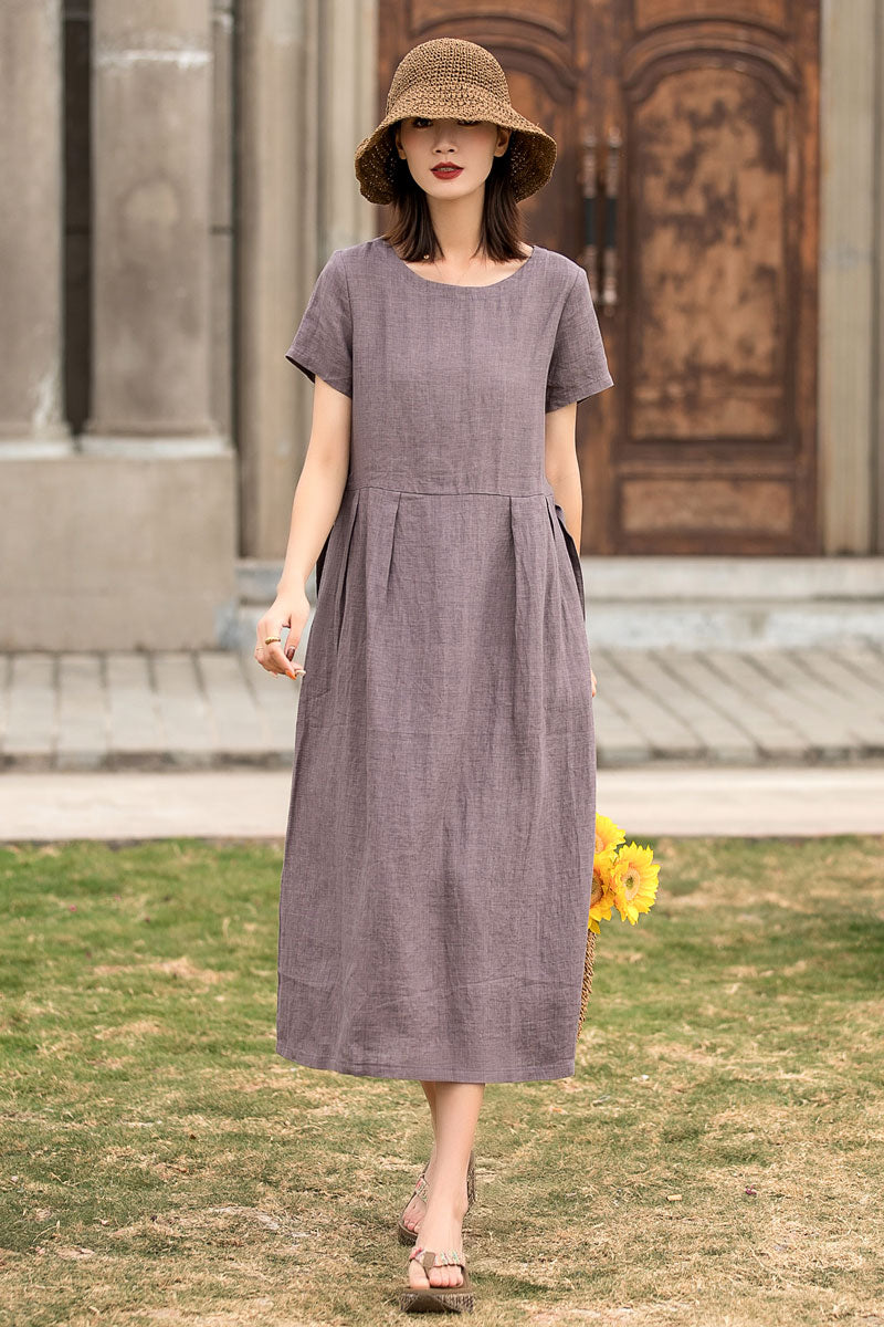Purple Linen Midi Dress - A-Line Pleated Waist with Short Sleeves 2861