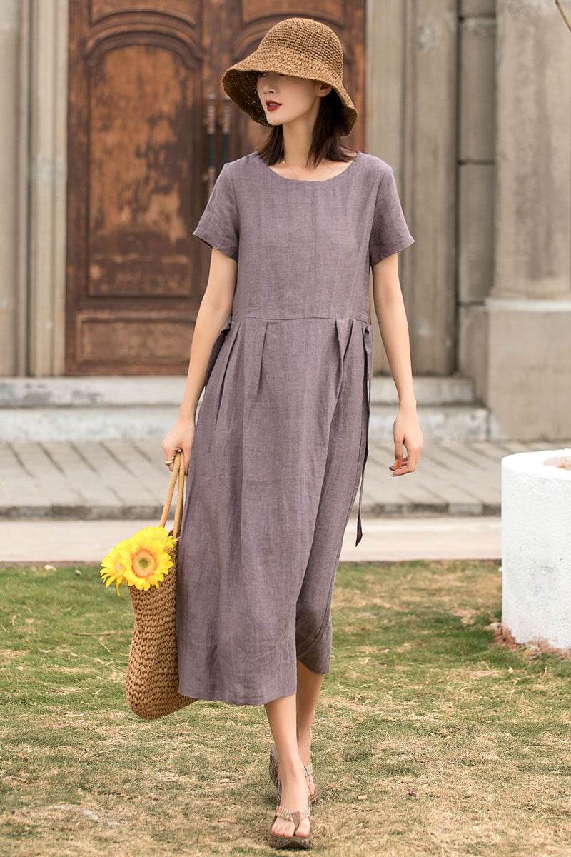 Purple Linen Midi Dress - A-Line Pleated Waist with Short Sleeves 2861