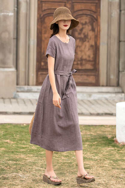 Women Short Sleeve Linen Dress 286101#