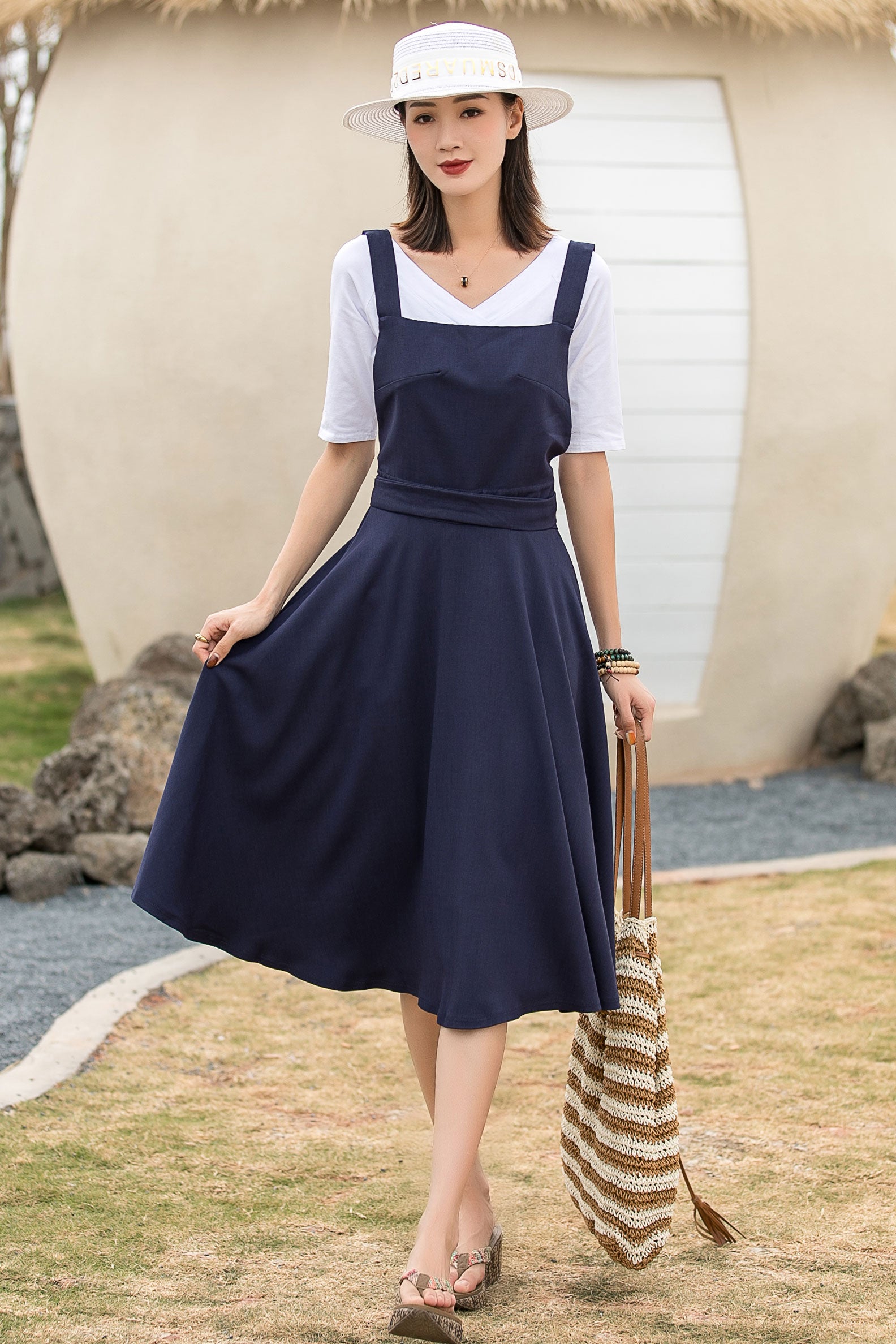 Navy pinafore fit and flare linen dress 2739 Xiaolizi Navy pinafore fit and flare linen dress 2739 Xiaolizi