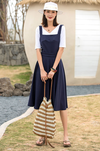 Navy Cotton Linen Pinafore Midi Dress - Fit and Flare Waist Detail 2739